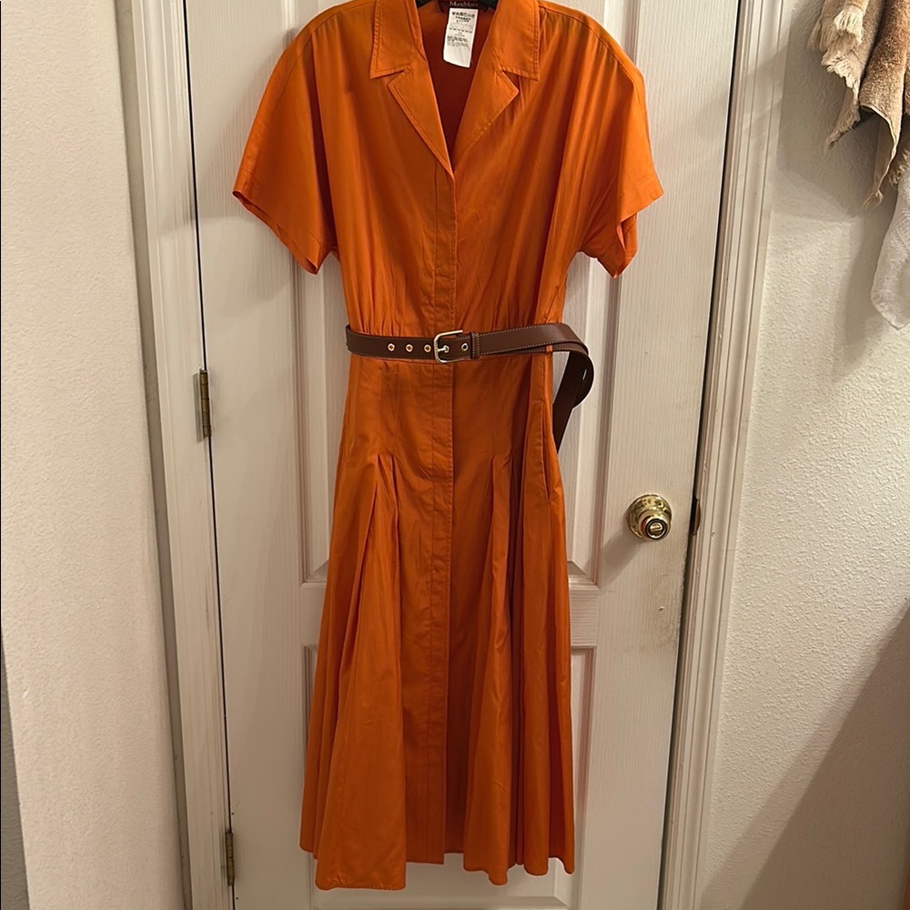 MaxMara Orange Notched Collar Midi Dress